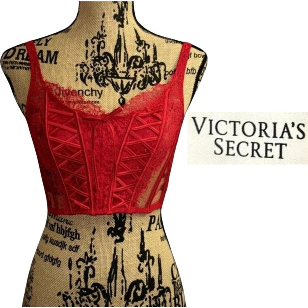 Victorias Secret Dream Angels Unlined Lace Up Corset Top Lipstick Red Size M